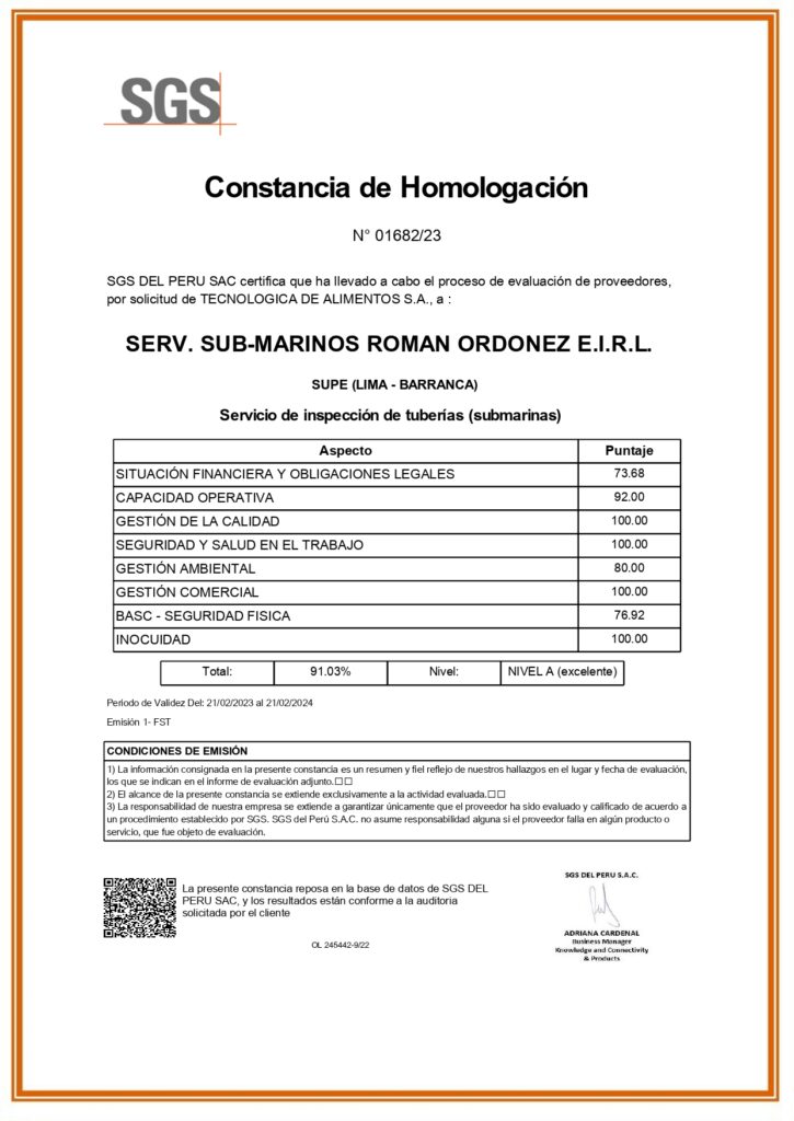 Constancia de Homologación en Inspección de tuberías submarinas