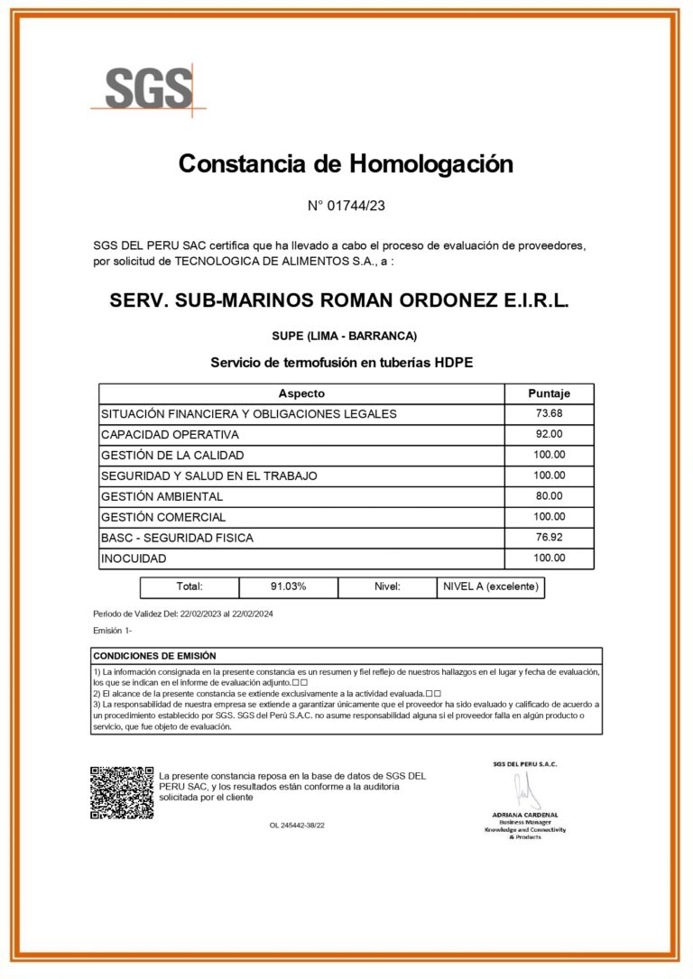 Constancia de Homologación para la termofusión en tuberías HDPE